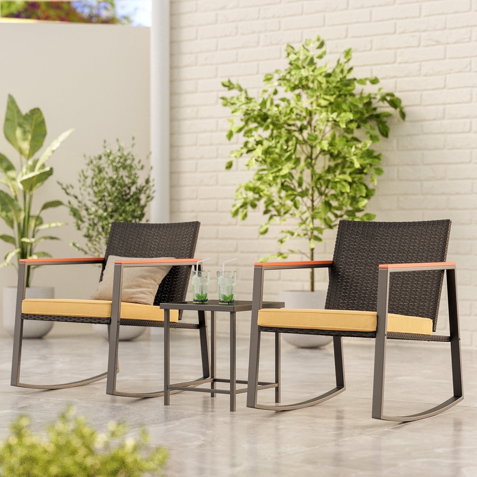 Patio furniture Sets of 3, Asofer Rocking Patio Bistro Set with Caffee Table for Poolside,Yard, Porch, Beige