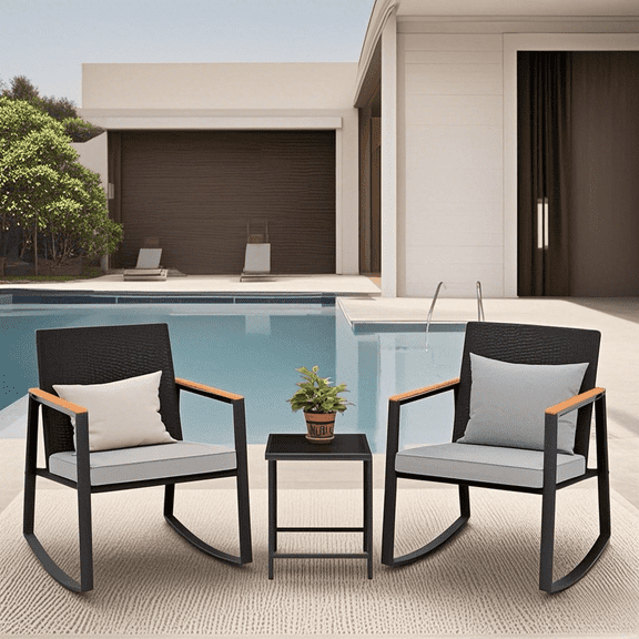 3 Pieces Patio Wicker Chairs Set, Asofer Rocking Patio Bistro Set with Caffee Table for Poolside,Yard, Porch, Gray