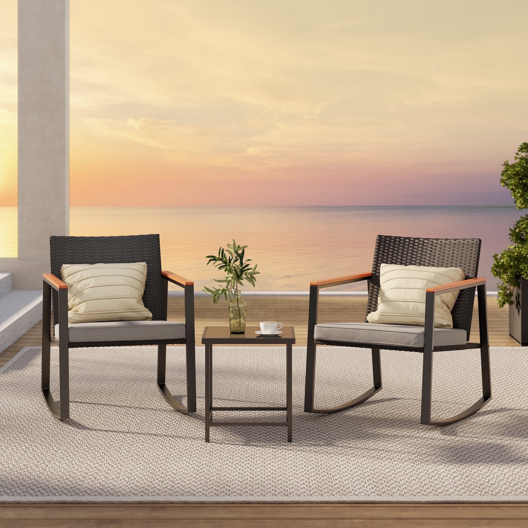 Patio furniture Sets of 3, Asofer Rocking Patio Bistro Set with Caffee Table for Poolside,Yard, Porch, Gray