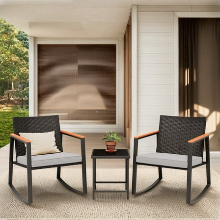 3 Pieces Patio Wicker Chairs Set, Asofer Rocking Patio Bistro Set with Caffee Table for Poolside,Yard, Porch, Gray