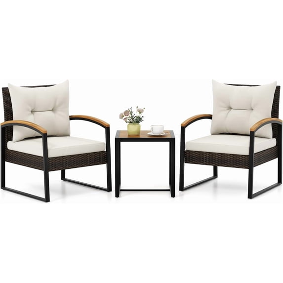 3 Pieces Patio Wicker Conversation Set with Acacia Wood Table, Outdoor ...