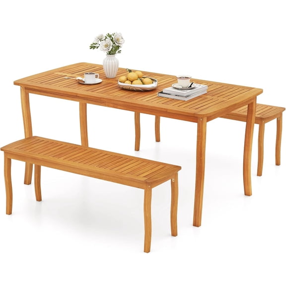3 Pieces Patio Wood Dining Set, 63 Inch Outdoor Acacia Rectangular Table with 1.97 Umbrella Hole and Benches Set, for Deck, Garden and Backyard