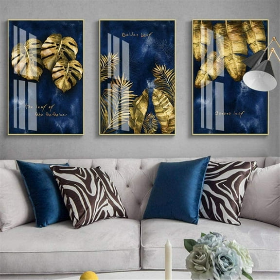 3 Pieces Picture Set Nordic Luxury Navy Blue Gold Abstract Leaves Vein Texture Canvas Print Decorative Painting for Living Room Home Decor No Frame
