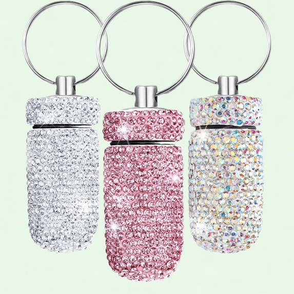 3 Pieces Pill Box Crystal Diamond Bling Medicine Bottle, Mini Pill Box Keychain Rhinestone Portable Waterproof Pill Holder Storage Bottle for Outdoor Camping Traveling (Pink+AB+White)