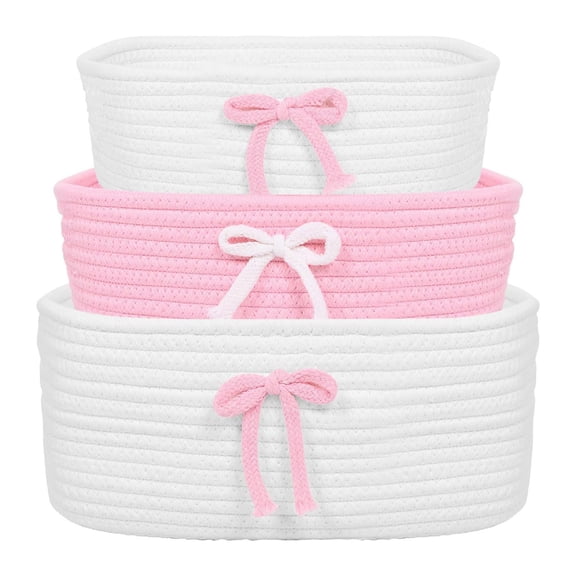 3 Pieces Pink Bow Baskets Coquette Bow Cotton Rope Storage Basket Pink Woven Gift Baskets Laundry Hamper Rope Bin with Handles for Decoration Organization Storage for Nursery, Pet Toy Basket