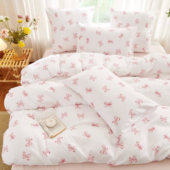 3 Pieces Pink Bow Comforter Set Cute Pink Bows Queen Bedding Set for Girls Teen Kids Bedroom Decor Coquette Bowknot Bed Set Princess Bowtie Bedding Comforter Sets