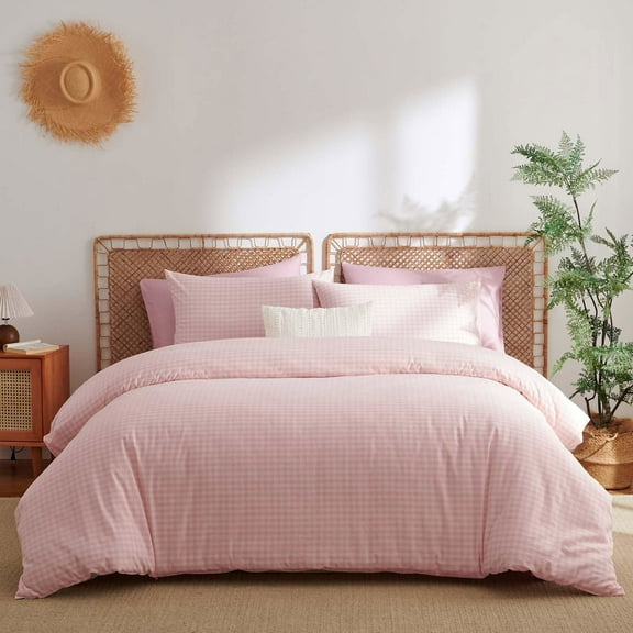 3 Pieces Pink Gingham Duvet Cover 100% Washed Cotton Plaid Checkered Queen Duvet Cover Set Modern Grid Bedding Set with Zipper Closure Corner Ties
