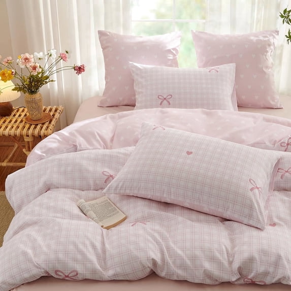 3 Pieces Pink Plaid Bow Ties Comforter Bedding Sets Reversible Pattern Comforter Set Queen Size