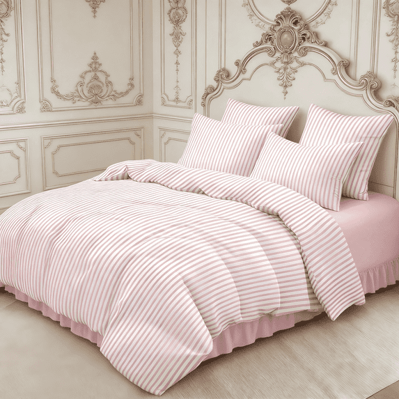 3 Pieces Pink Striped Comforter Set Full Size White Stripe Soft Lightweight Pinstripe Dorm Bedding Set for All Seasons