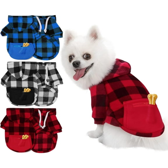 3 Pieces Plaid Dog Hoodie Pet Clothes Sweaters with Hat and Pocket Christmas Classic Plaid Small Medium Dogs Winter Clothing Warm Pet Fleece Hooded Coat Cold Weather Pet Clothes for Dogs and Cats