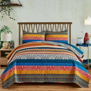 Blue Boho Quilt Set King Size,3 Pieces Plaid Floral Bedspread Coverlet Set  for All Season,Patchwork Reversible Bedding Set King 90x104