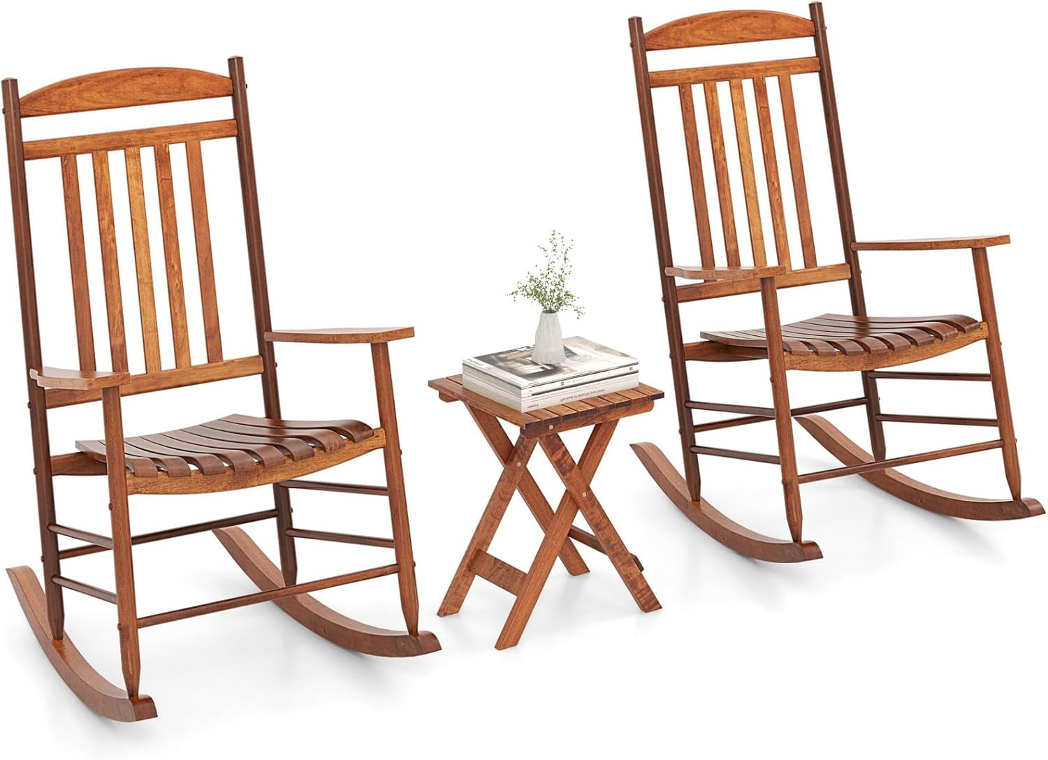 3 Pieces Poplar Wood Rocking Bistro Set, High Back Rocker Chairs with Folding Coffee Table, Outdoor Patio Conversation Furniture Set for Front Porch, Balcony, Garden & Backyard