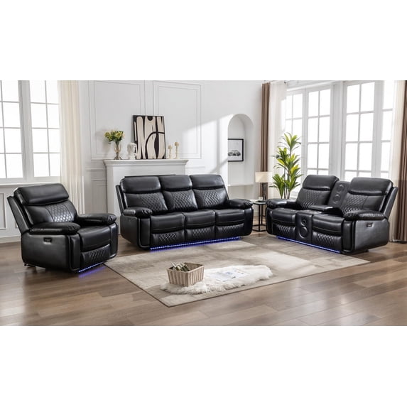 3 Pieces Power Recliner Chair Sectional Sets,Black Faux Leather 3 Seater Reclining Sofa,Loveseat Recliner Chair, Single Seater Recliner for Living Room Furniture Sets Home Theater Seating with Speaker