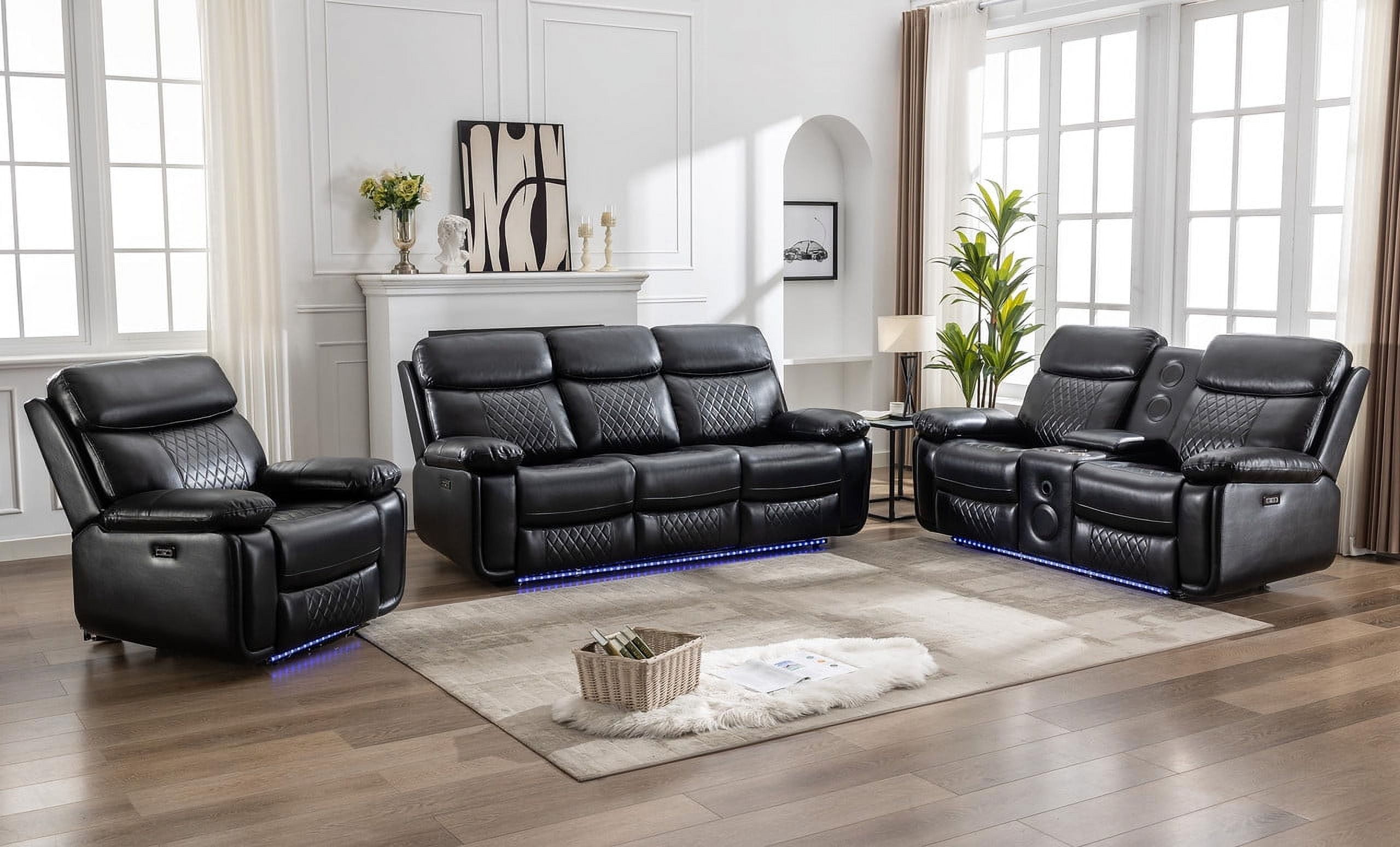 Comfort Stretch 3Piece Power Recliner Set, Black Faux Leather, Sofa