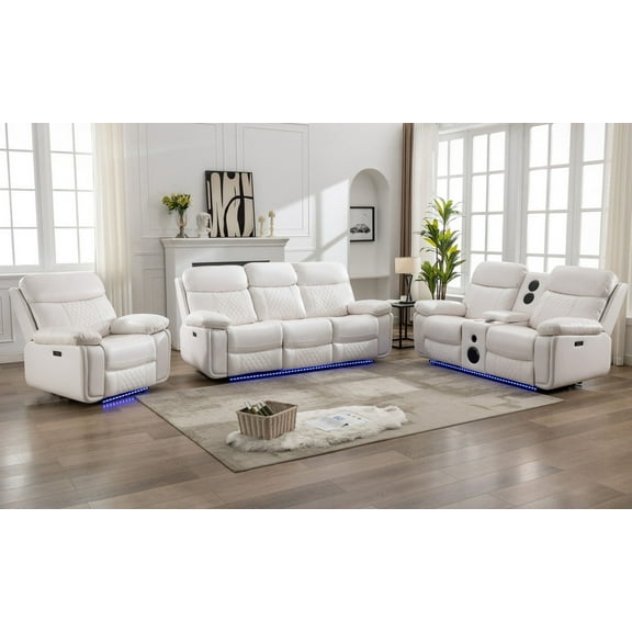 3 Pieces Power Recliner Chair Sectional Sets,White Faux Leather 3 Seater Reclining Sofa,Loveseat Recliner Chair, Single Seater Recliner for Living Room Furniture Sets Home Theater Seating with Speaker