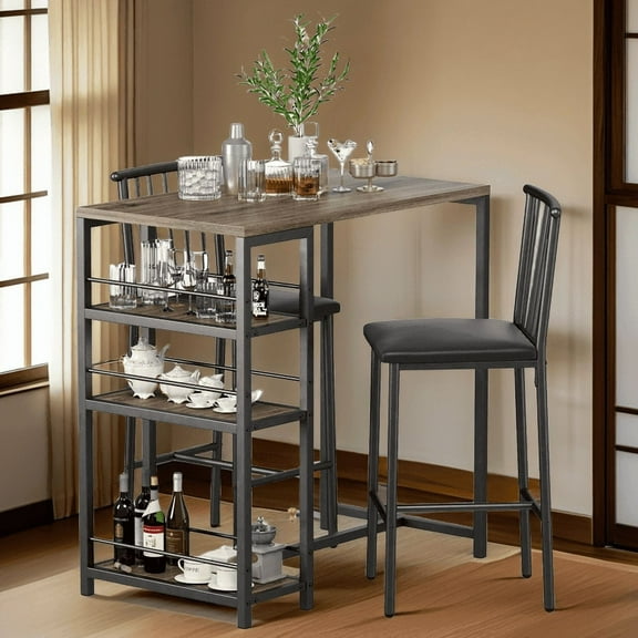 Aiho 3-Piece Counter Height Dining Set - Wooden Table with 2 Stools for Kitchen, Gray