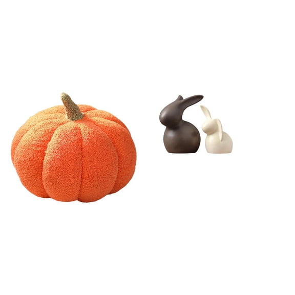3 Pieces Pumpkin Pillow Bunny Statue Sofa Cushion Plush and Ceramic Material for Bedroom Living Room Tabletop Decor
