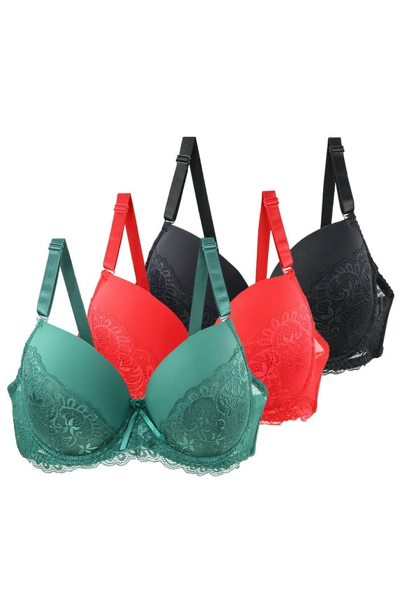 3 Pieces Push up Lace Bras for Women Wireless Full Coverage Bralettes Everyday Wear C Cup Unpadded Brassiere Multicolor, 42/95C