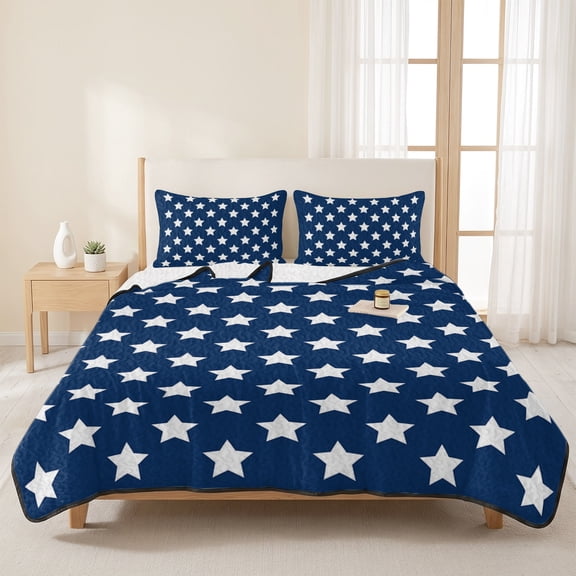 3 Pieces Queen Quilt Set,4th of July White Star on Navy Blue Soft Bedding Sets with 1 Quilt&2 Pillow Shams,Independence Freedom Liberty Summer Bedspread Lightweight Coverlet Comforter for All Season