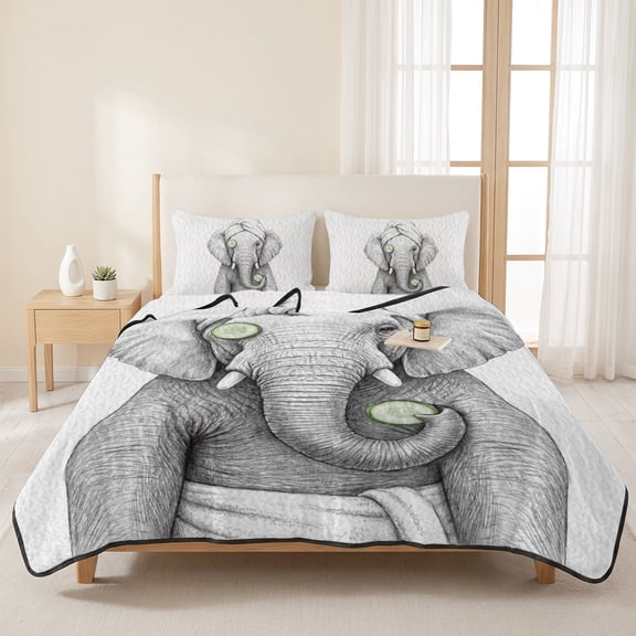 3 Pieces Queen Quilt Set,Abstract Elephant Cucumber SPA Soft Bedding Sets with 1 Quilt & 2 Pillow Shams,Funny Animal Shower Art Summer Bedspread Lightweight Coverlet Comforter for All Season