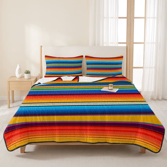 3 Pieces Queen Quilt Set,Abstract Mexican Stripes Soft Bedding Sets with 1 Quilt & 2 Pillow Shams,Colorful Lines Summer Bedspread Lightweight Coverlet Comforter for All Season