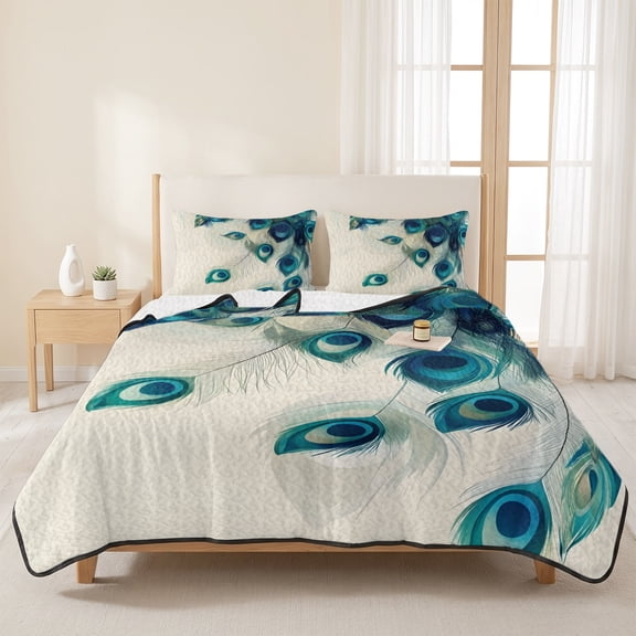 3 Pieces Queen Quilt Set,Abstract Peacock Feather Soft Bedding Sets with 1 Quilt & 2 Pillow Shams,Realistic Animal Texture Summer Bedspread Lightweight Coverlet Comforter for All Season