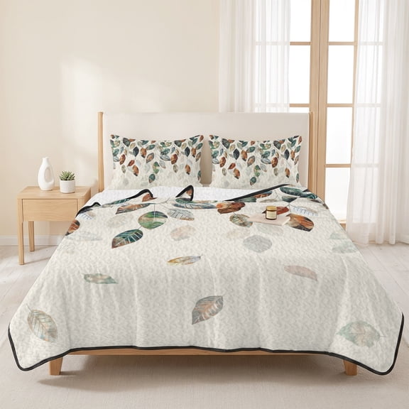 3 Pieces Queen Quilt Set,Autumn Fallen Leaf Colorful Gradient Soft Bedding Sets with 1 Quilt & 2 Pillow Shams,Farm Leaves Seamless Summer Bedspread Lightweight Coverlet Comforter for All Season