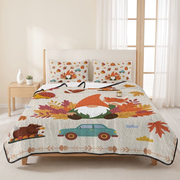 3 Pieces Queen Quilt Set,Autumn Gnome Maple Leaf on Linen Soft Bedding Sets with 1 Quilt & 2 Pillow Shams,Thanksgiving Cartoon Theme Summer Bedspread Lightweight Coverlet Comforter for All Season