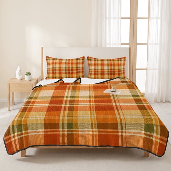 3 Pieces Queen Quilt Set,Autumn Season Orange Plaid Soft Bedding Sets with 1 Quilt & 2 Pillow Shams,Thanksgiving Theme Check Summer Bedspread Lightweight Coverlet Comforter