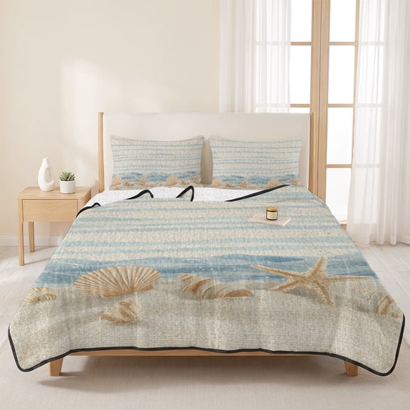 3 Pieces Queen Quilt Set,Beach Starfish Conch Shell Soft Bedding Sets with 1 Quilt & 2 Pillow Shams,Blue Ocean Wave Linen Texture Summer Bedspread Lightweight Coverlet Comforter for All Season