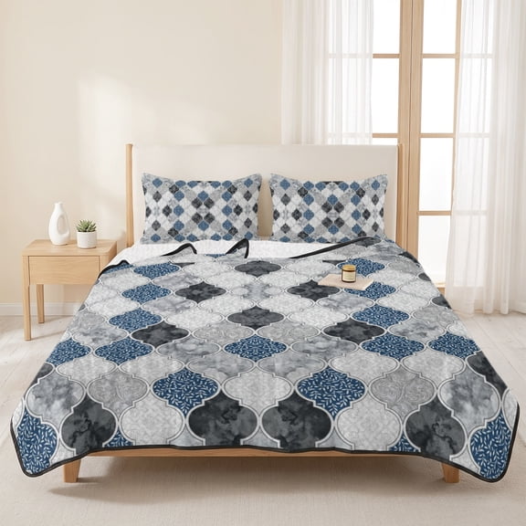 3 Pieces Queen Quilt Set,Blue Black Gray Moroccan Pattern Soft Bedding Sets with 1 Quilt & 2 Pillow Shams,Quatrefoil Medallion Summer Bedspread Lightweight Coverlet Comforter for All Season