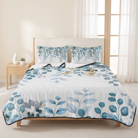 3 Pieces Queen Quilt Set,Blue Eucalyptus Leaves Watercolor Soft Bedding Sets with 1 Quilt & 2 Pillow Shams,Fallen Leaves on White Summer Bedspread Lightweight Coverlet Comforter for All Season