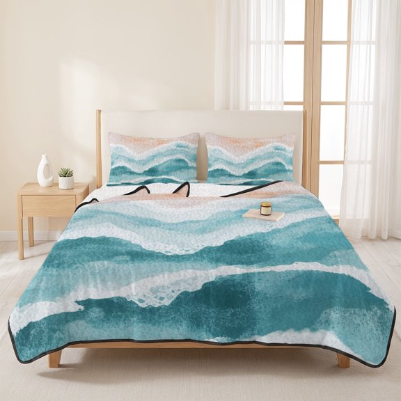 3 Pieces Queen Quilt Set,Blue Gradient Water Ripples Beach Soft Bedding Sets with 1 Quilt & 2 Pillow Shams,Abstract Ocean Waves Summer Bedspread Lightweight Coverlet Comforter for All Season