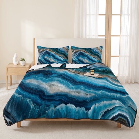 3 Pieces Queen Quilt Set,Blue Marble Fluid Vortexes Soft Bedding Sets with 1 Quilt & 2 Pillow Shams,Abstract Geometric Line Summer Bedspread Lightweight Coverlet Comforter for All Season
