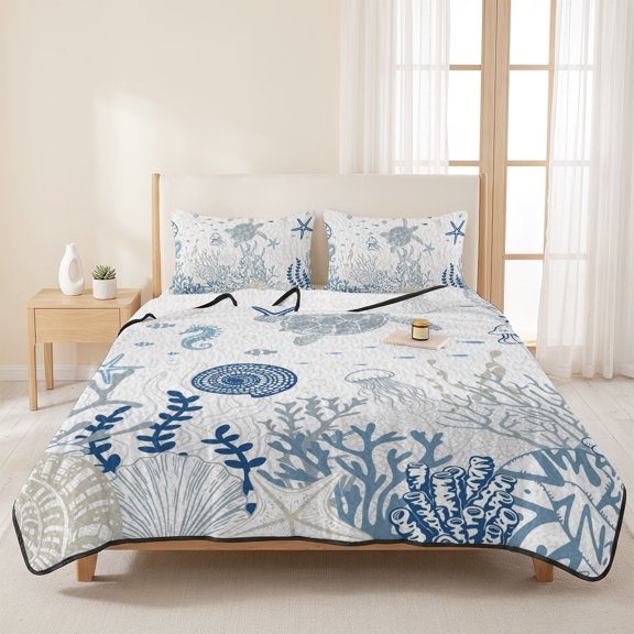 3 Pieces Queen Quilt Set,Blue Ocean Coral Sea Turtle Soft Bedding Sets with 1 Quilt & 2 Pillow Shams,Marine Life Shell Conch Summer Bedspread Lightweight Coverlet Comforter for All Season