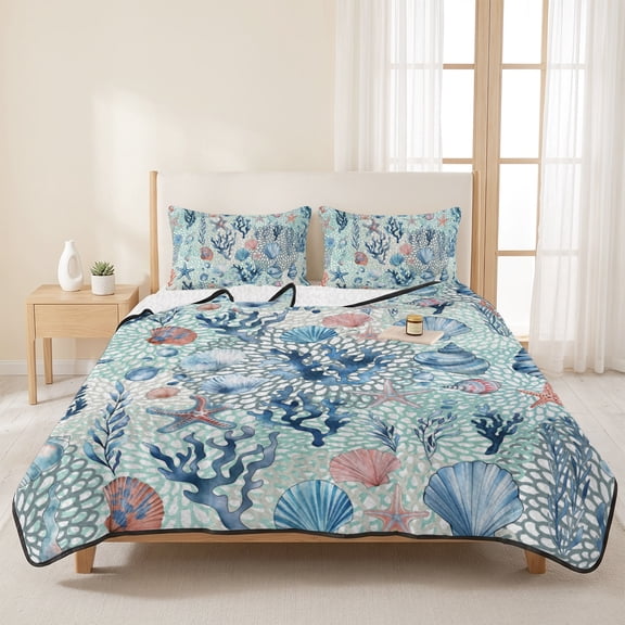 3 Pieces Queen Quilt Set,Blue Ocean Starfish Coral Shell Conch Soft Bedding Sets with 1 Quilt & 2 Pillow Shams,Marine Life Summer Bedspread Lightweight Coverlet Comforter for All Season