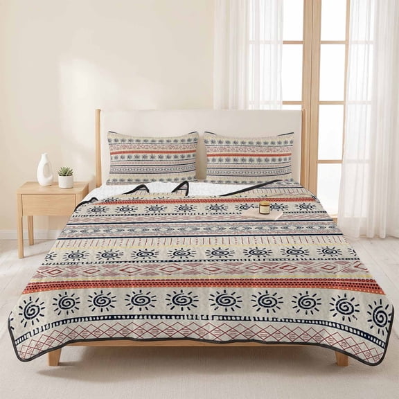 3 Pieces Queen Quilt Set,Boho Stripe Retro Ethnic Style Soft Bedding Sets with 1 Quilt&2 Pillow Shams,Indian Sketch Sun Art Abstract Line Summer Bedspread Lightweight Comforter for All Season