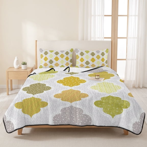 3 Pieces Queen Quilt Set,Boho Yellow Geometric Medieval Soft Bedding Sets with 1 Quilt & 2 Pillow Shams,Abstract Grid Moroccan Summer Bedspread Lightweight Coverlet Comforter for All Season