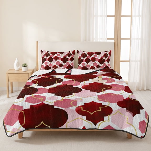 3 Pieces Queen Quilt Set,Burgundy Red Moroccan Texture Soft Bedding Sets with 1 Quilt & 2 Pillow Shams,Retro Geometric Pattern Summer Bedspread Lightweight Coverlet Comforter for All Season