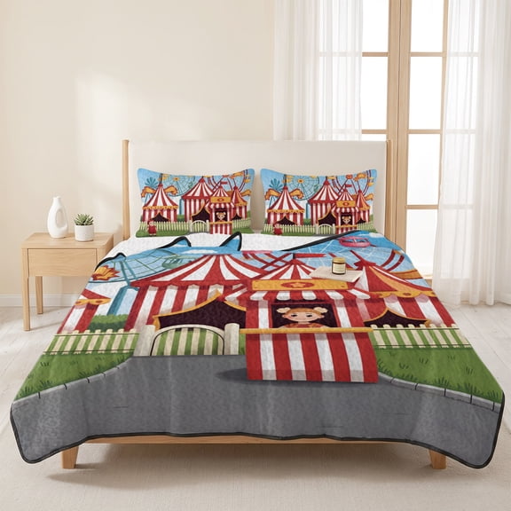 3 Pieces Queen Quilt Set,Carnival Amusement Park Soft Bedding Sets with 1 Quilt & 2 Pillow Shams,Cartoon Wheelwheels Cute Kid Summer Bedspread Lightweight Coverlet Comforter for All Season