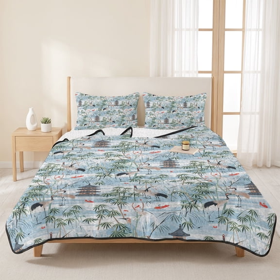 3 Pieces Queen Quilt Set,Chinese Style Tower Leaf Crane Soft Bedding Sets with 1 Quilt & 2 Pillow Shams,Chinoiserie Blue Gradient Summer Bedspread Lightweight Coverlet Comforter for All Season