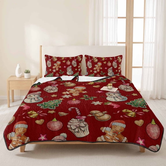 3 Pieces Queen Quilt Set,Christmas Tree Snowman Red Soft Bedding Sets with 1 Quilt & 2 Pillow Shams,Snowflake Bells Cookie Man Summer Bedspread Lightweight Coverlet Comforter for All Season