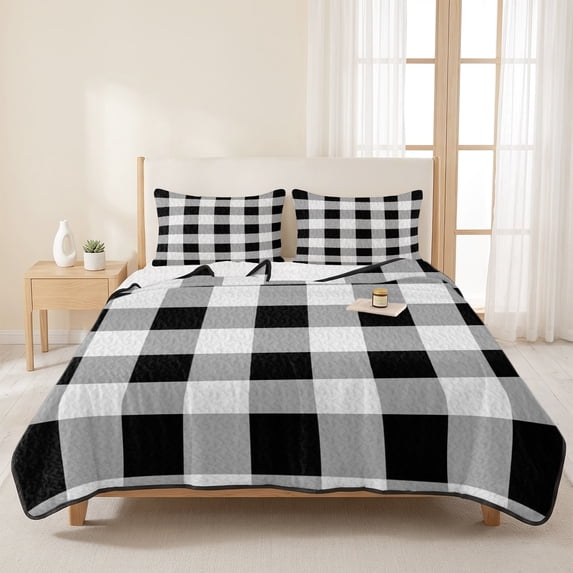 3 Pieces Queen Quilt Set,Classic Farmhouse Black White Buffalo Plaid Soft Bedding Sets with 1 Quilt & 2 Pillow Shams,Geometric Lattice Summer Bedspread Lightweight Coverlet Comforter for All Season
