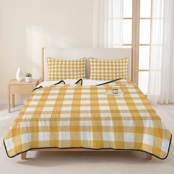 3 Pieces Queen Quilt Set,Classic Yellow White Grid Soft Bedding Sets with 1 Quilt & 2 Pillow Shams,Minimalist Geometric Plaid Summer Bedspread Lightweight Coverlet Comforter for All Season