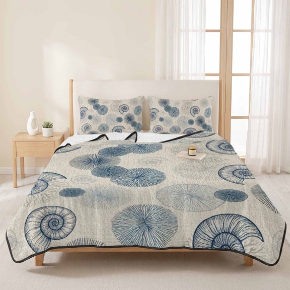 3 Pieces Queen Quilt Set,Coastal Blue Conch Shells Ocean Flora Soft Bedding Sets with 1 Quilt & 2 Pillow Shams,Vintage Linen Summer Bedspread Lightweight Coverlet Comforter