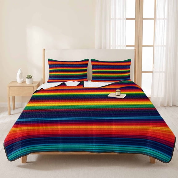 3 Pieces Queen Quilt Set,Colorful Mexican Stripes Soft Bedding Sets with 1 Quilt & 2 Pillow Shams,Gradient Line Ethnic Style Summer Bedspread Lightweight Coverlet Comforter for All Season