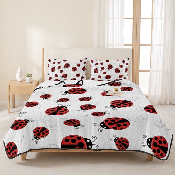 3 Pieces Queen Quilt Set,Country Ladybug Pastoral Animal Soft Bedding Sets with 1 Quilt & 2 Pillow Shams,Watercolor Red Black Dot Summer Bedspread Lightweight Coverlet Comforter for All Season