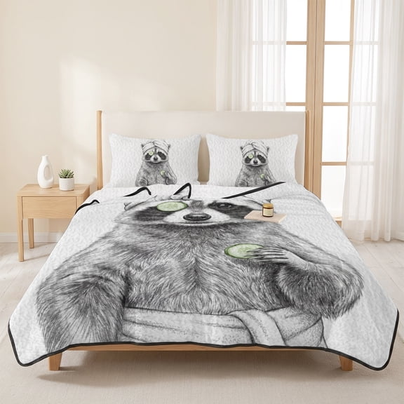 3 Pieces Queen Quilt Set,Cute Raccoon Abstract Art Soft Bedding Sets with 1 Quilt & 2 Pillow Shams,Funny Animal Spa Bath Towel Summer Bedspread Lightweight Coverlet Comforter for All Season