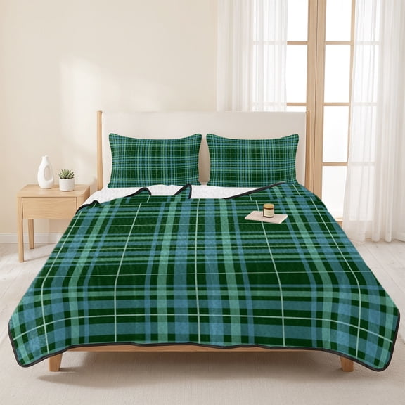 3 Pieces Queen Quilt Set,Dark Green Plaid Soft Bedding Sets with 1 Quilt & 2 Pillow Shams,Vintage Lattice Farmhouse Tartan Summer Bedspread Lightweight Coverlet Comforter for All Season