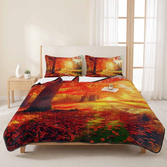 3 Pieces Queen Quilt Set,Fall Forest Sunset Fallen Leaf Soft Bedding Sets with 1 Quilt & 2 Pillow Shams,Autumn Scenery Summer Bedspread Lightweight Coverlet Comforter for All Season